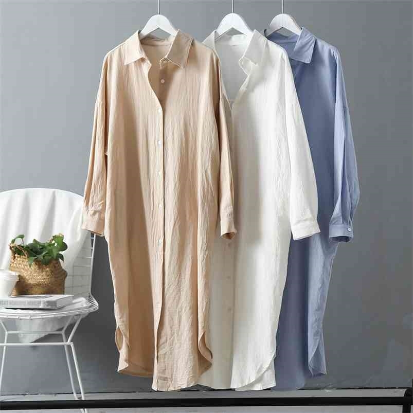 

Long Sleeve Shirt Dress Spring Autumn Casual Buttons Loose Dresses Robe Femme Vestido 210701, White