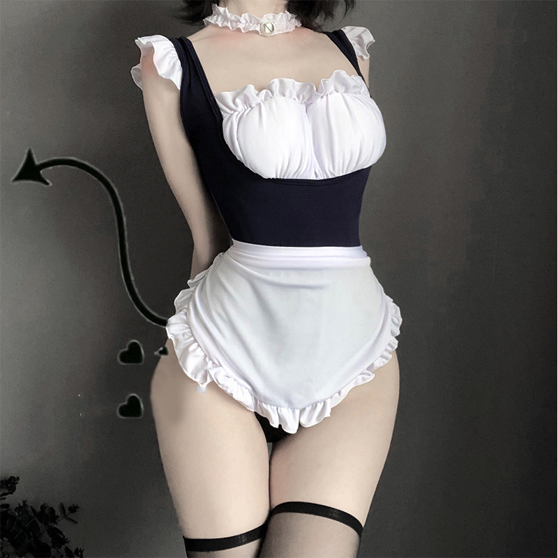 

Japanese Lingerie Sexy Costumes Perspective Underwear Maid Roleplay Cosplay Erotic Ruffles Cat Outfit SM School Girl Body Suit, Blue