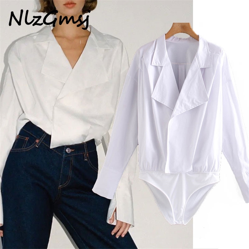 

Bodysuit Women oversize collared bodysuit Vintage V-neck Long cuffed sleeve Female Office Lady top Chic jumpsuit 210628, As picture