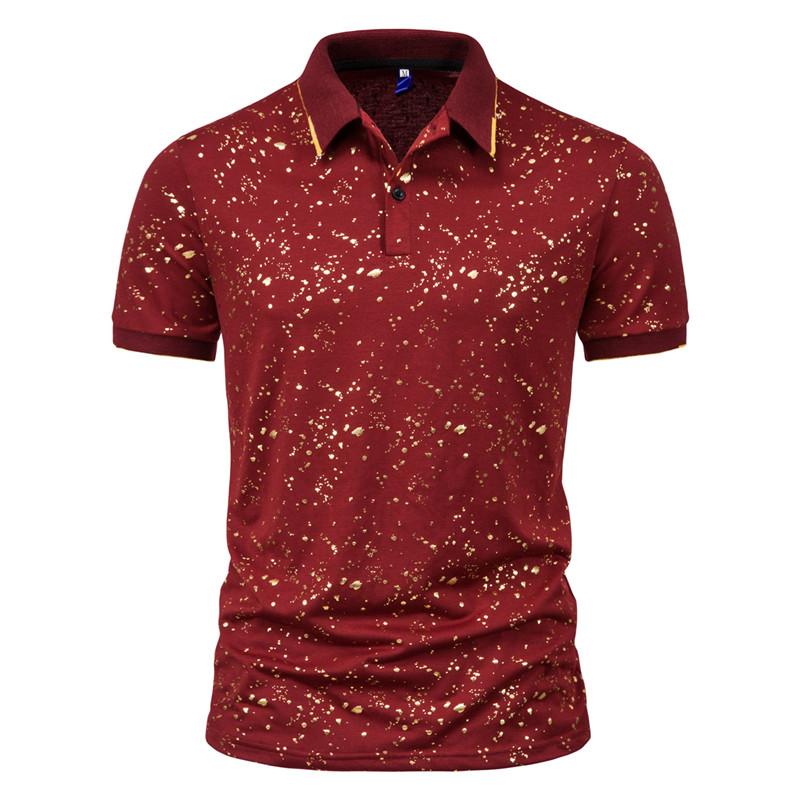 

Summer 2021 Men's Polos Shirts High Quality Spotted Gold Print Lapel Slim Business Casual Men's Shirts Simple Style Short Sleeve Tops, Burgundy