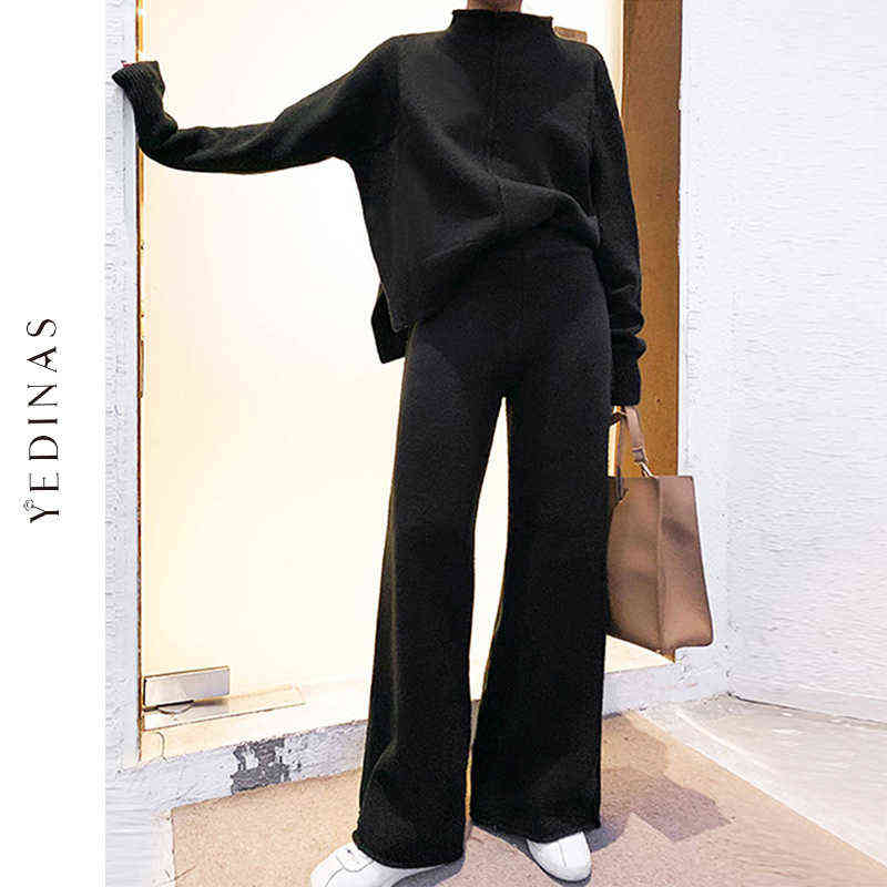 

Yedinas Two Piece Set Top And Pants Winter Korean Womens Tracksuit Set Knitted Casual 2 Piece Sets Clothes Womens Outfits 211216, Coffee