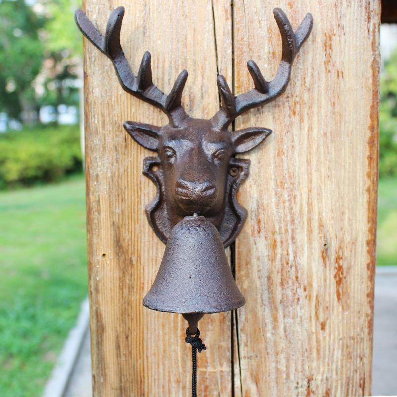 

Reindeer Head Cast Iron Hand Cranking Wall Bell American Country Farmhouse Garden Decor Rustic Mounted Welcome Door Decorative Objects & Fig
