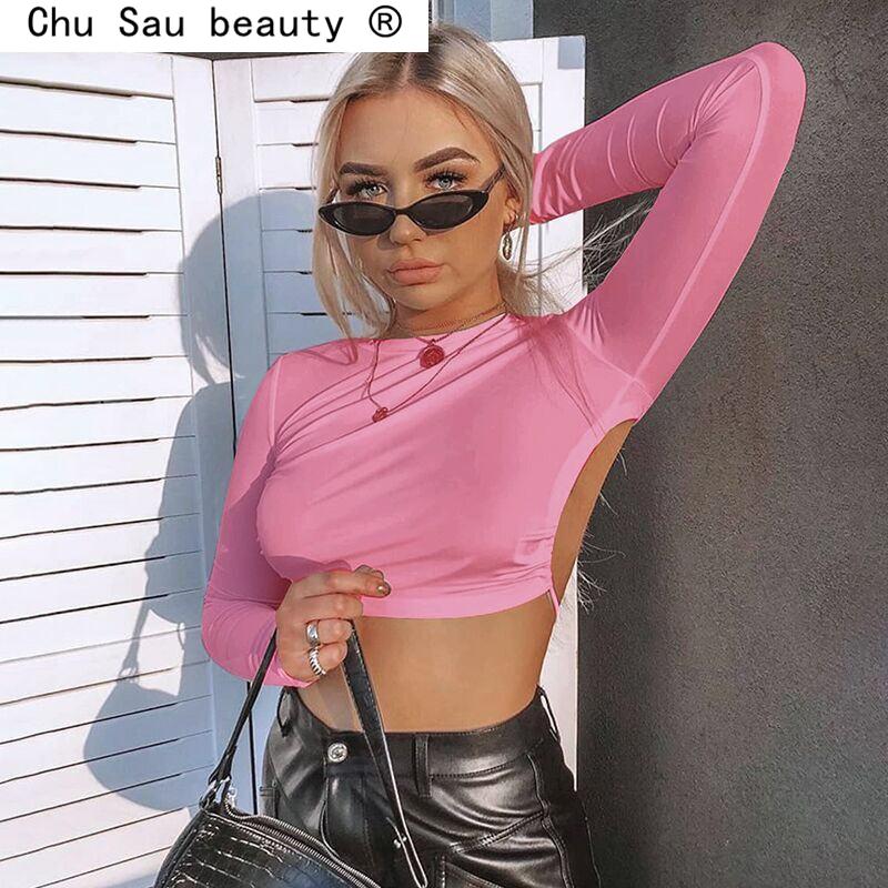 

women's t-shirt 2021 fashion summer style solid mini tees backless long sleeve women crop hollow out female tight, White