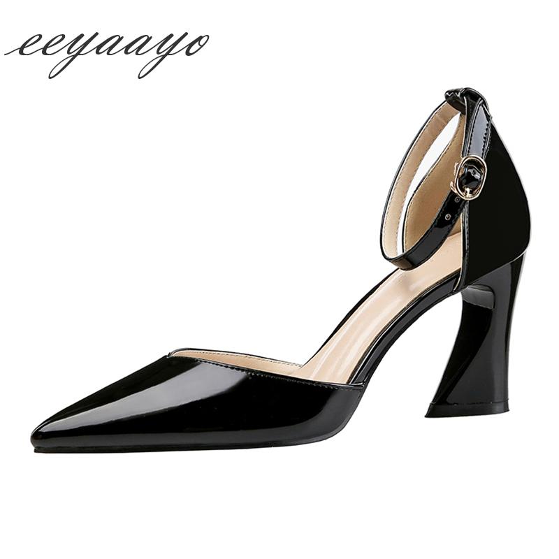 

Summer Women Ankle Strap Sandals High Metal Heel Pointed Toe Solid Sexy Ladies Shoes Black Female Heels