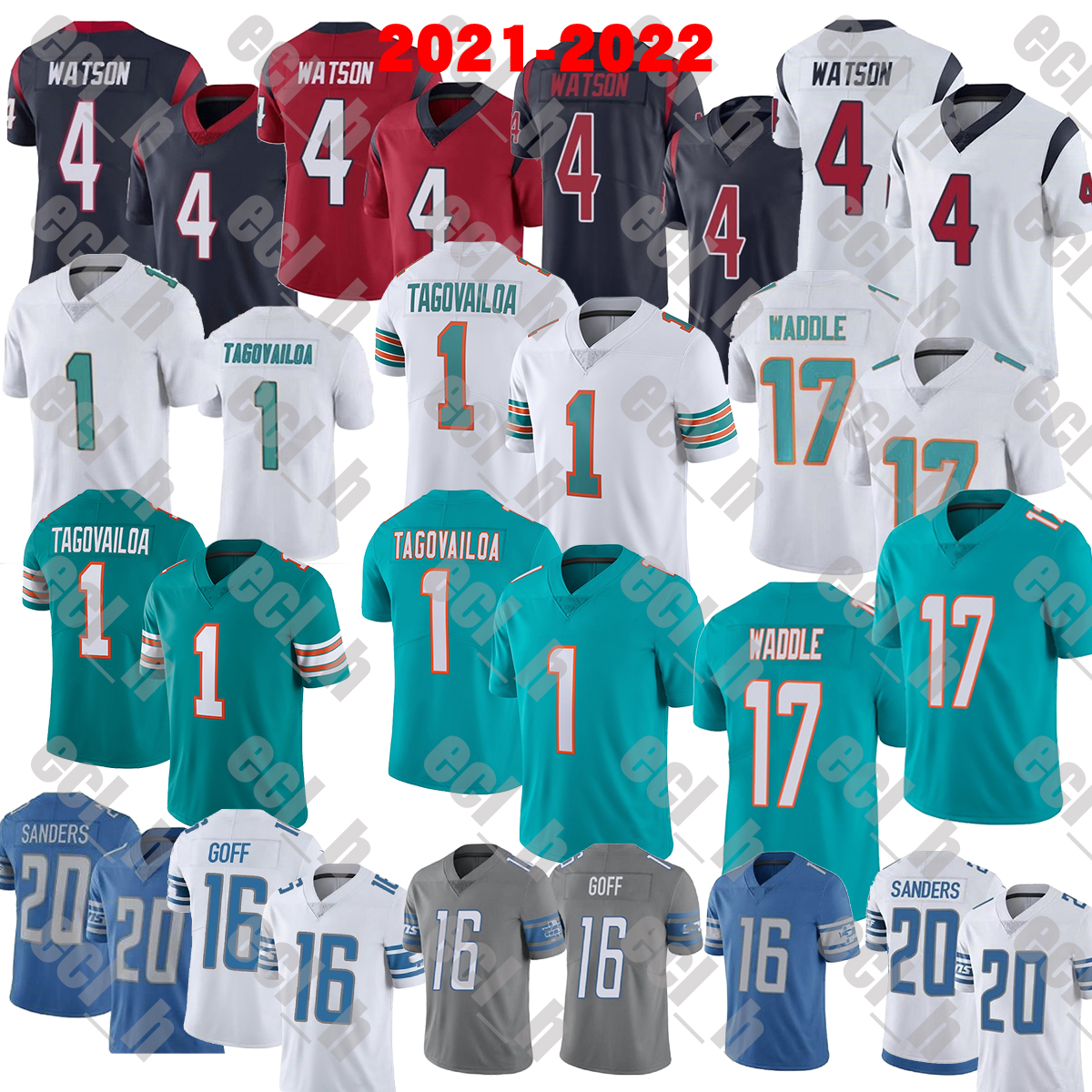 

2021-2022 High quality Stitched Football jerseys 1 Tua Tagovailoa 17 Jaylen Waddle 4 Deshaun Watson 16 Jared Goff 20 Barry Sanders, As
