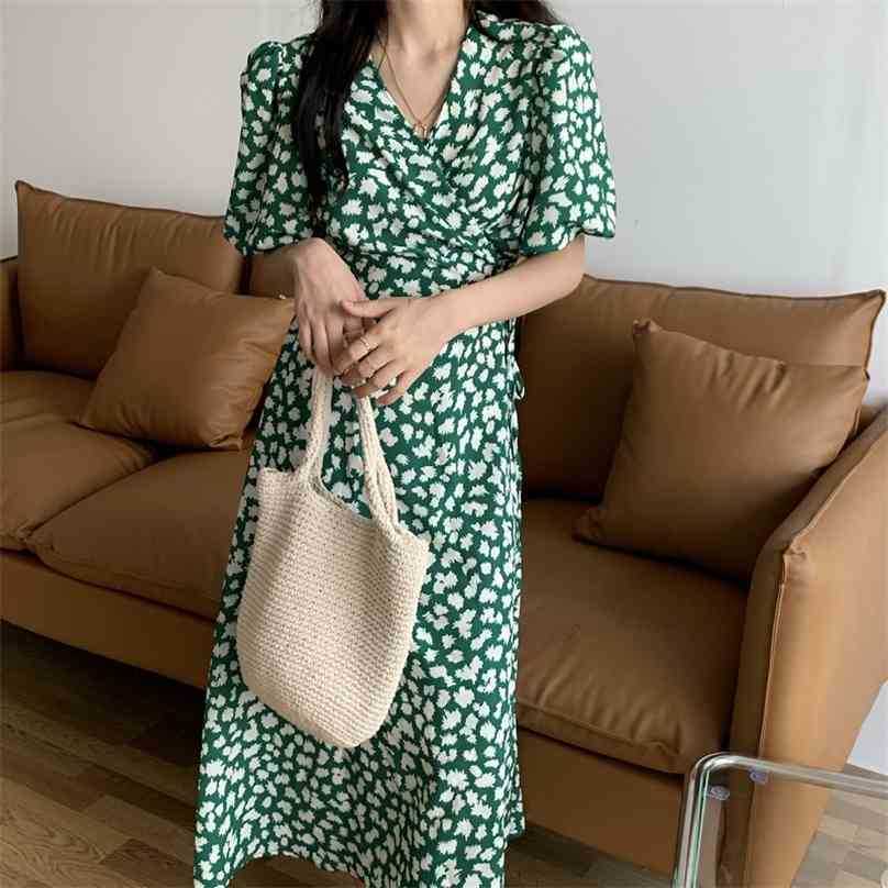 

Green Women Floral Slim Printing V-Neck Lace-Up High Waist Femme Prom Sweet Chic A-line Vestidos Long Dresses 210525, Photo color
