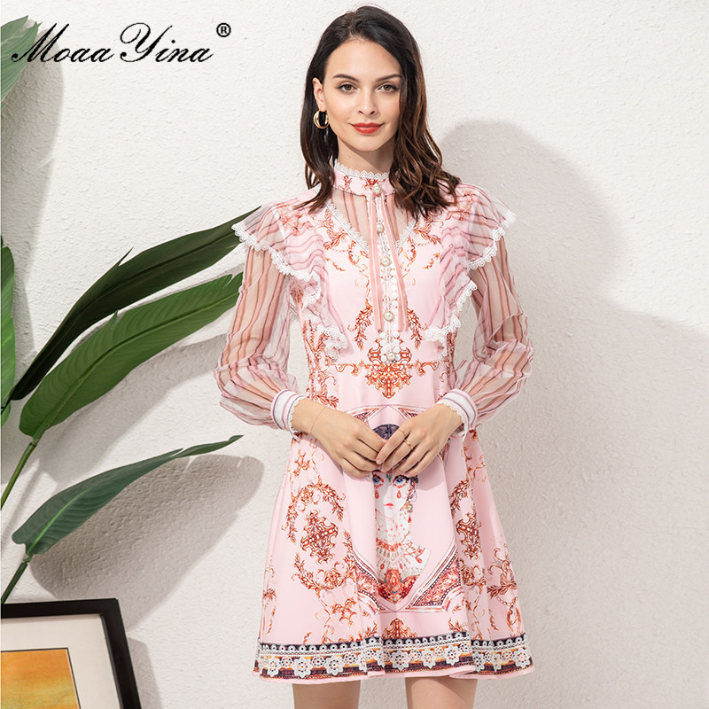 

Fashion Designer Summer Short Pink Dress Women's Striped Long sleeve Floral print Splicing Vintage Party Mini 210524