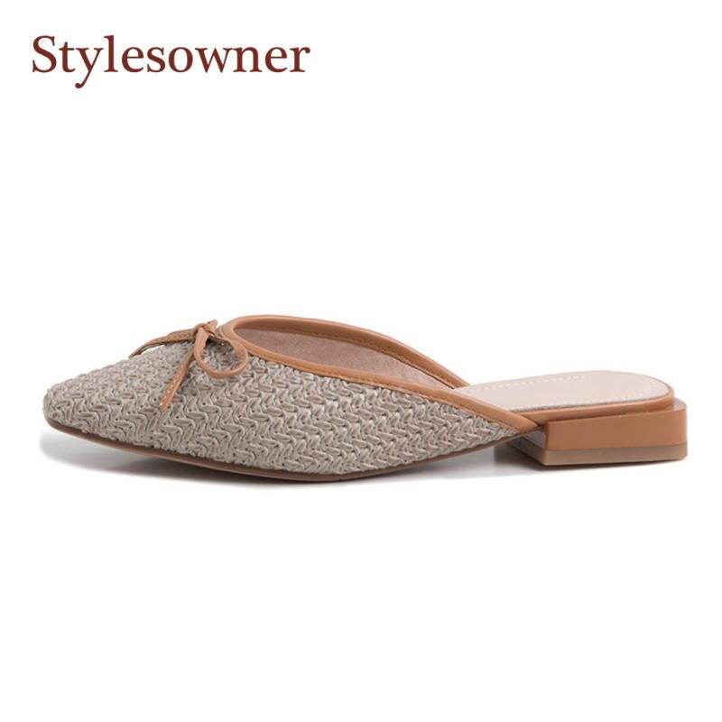 

Slippers Stylesowner 2021 Spring Summer Woven Retro Bow Ladies Flat Half Fashion Muller Shoes Women Red Gray Slipper, Black