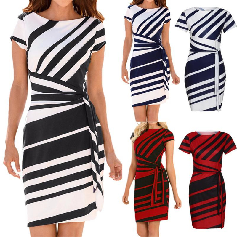 

Womens Desinger Striped Dresses Crew Neck Short Sleeve Casual Pencil Dresses Female Slim Empire Clothes, Black;gray