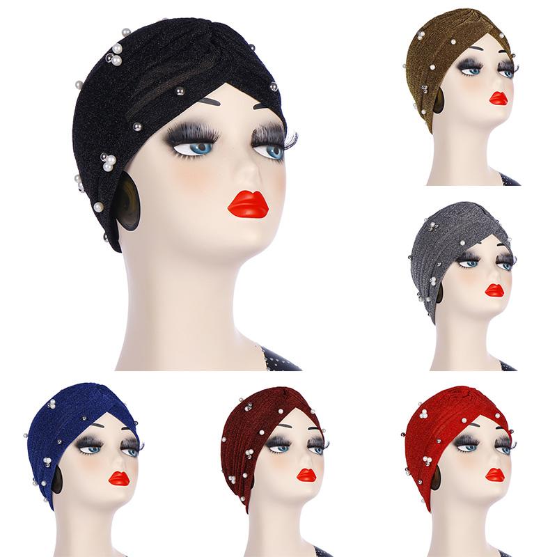 

Scarves Women's Shiny Turban With Imitation Pearls Beaded Headwear Muslim Hijabs Islamic Headscarf Arab Wrap Turbantes Wholesale, Blue;gray