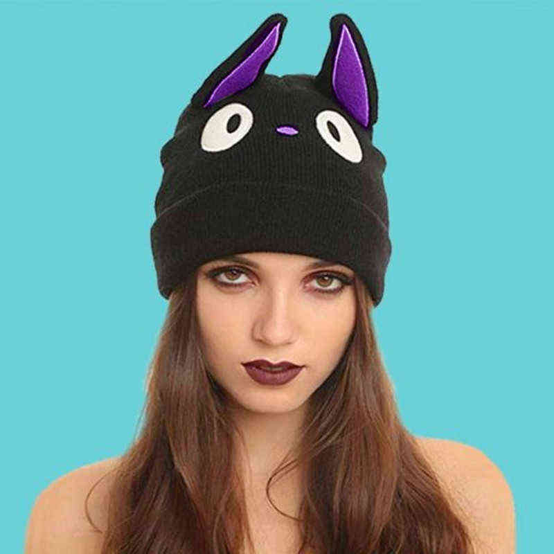 

Cartoon Cute Anime Kiki's Delivery Service Cat Jiji Black Cat Beanie Winter Warm Wool Blends Soft Warm Knitted Cap Hat