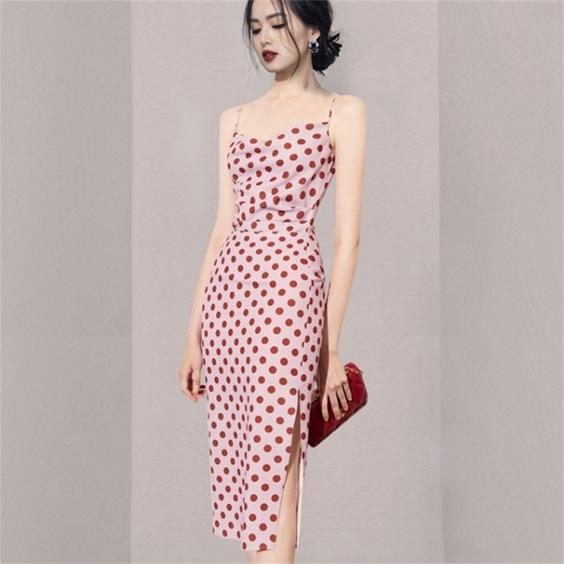 

-Coming Spring Summer Holiday Dress Cross Spaghetti Strap Open Back Dot Beach Style Ankle-Length Women Dresses 210603, Picture color