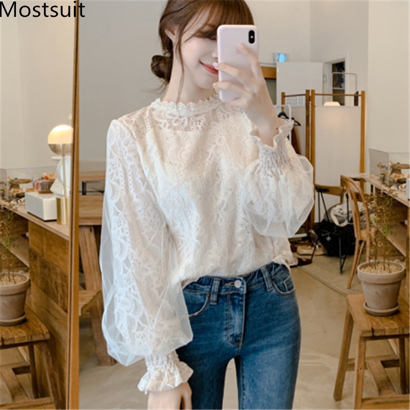 

Spring Korean Lace Blouses Shirts Women Lantern Sleeve O-neck Elegant Fashion Pullovers Tops Ladies Vintage Female Blusas 210518, White