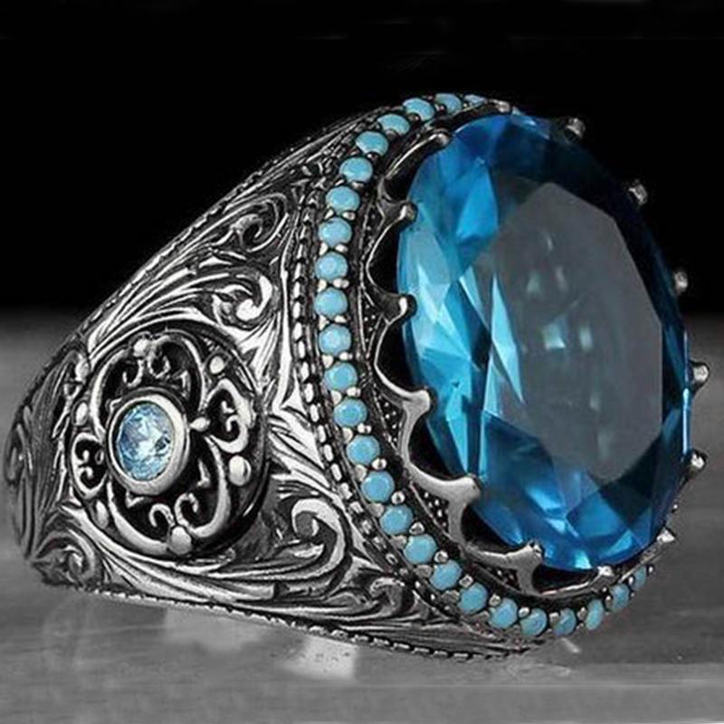 

Cluster Rings Vintage Two Tone Wave Pattern Engraved Blue Stone Bow Ring For Women Ladies Wedding Dance Party Retro Flower Jewelry Gift M4M8