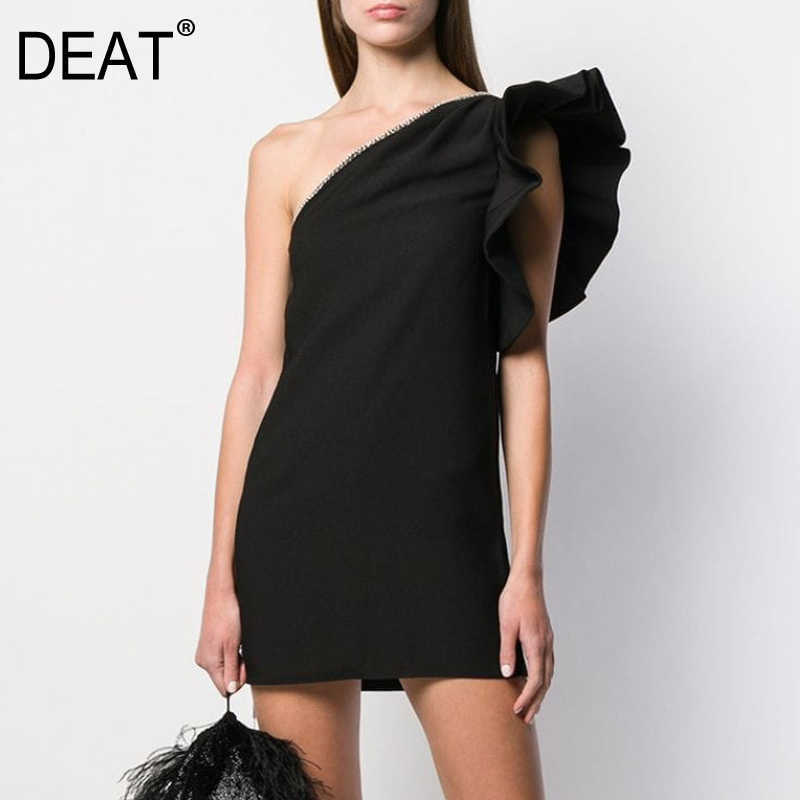 

[DEAT] Summer Fashion High Waist Ruffles Sleeveless Asymmetry Incined Shoulder Temperament Elegant Dress Women 13D27 210527, Black