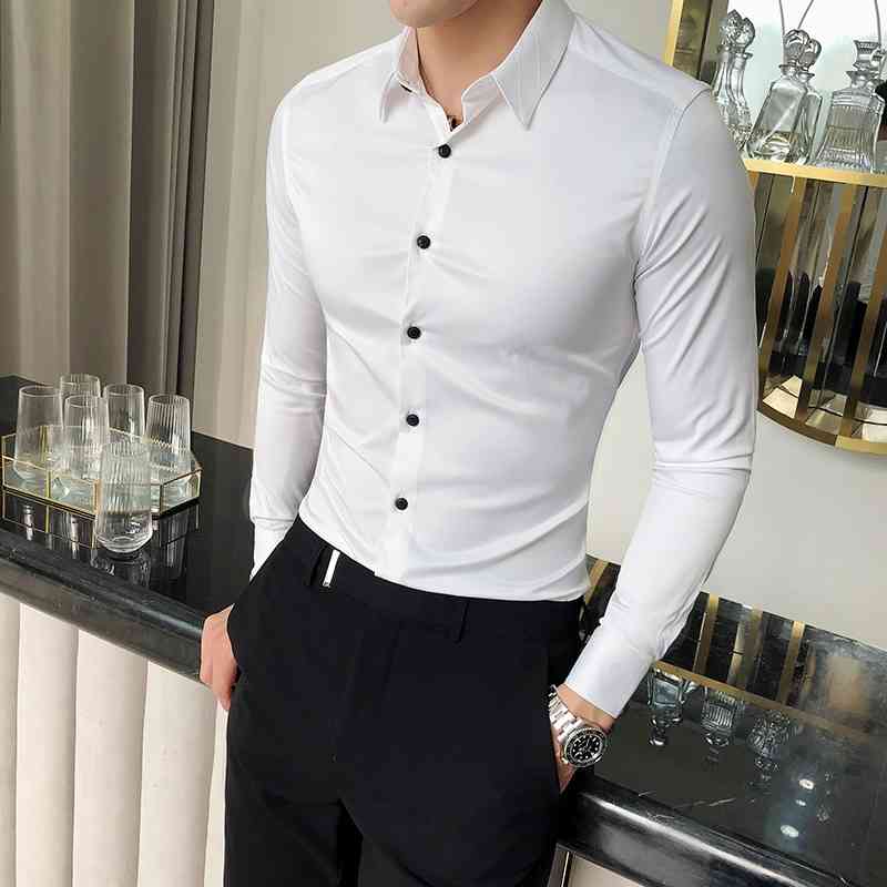

High Quality Silk Shirt Men Spring Long Sleeve s Dress s Solid Simple All Match Slim Fit Business Formal Wear 210721, White