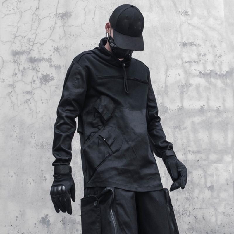 

Men's Hoodies & Sweatshirts AOGZ Patchwork Turtleneck Techwear Autumn Pullover Hip Hop Long Sleeve Tee Shirts Streetwear Punk Clothes, Black