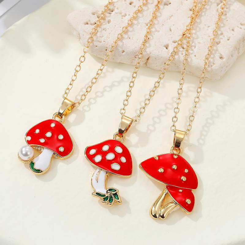 

Chains 1PC Red Dot Pearl Mushroom Pendant Necklace Cute Cartoon Plant Metal Clavicle Chain Sweater Jewelry, Silver