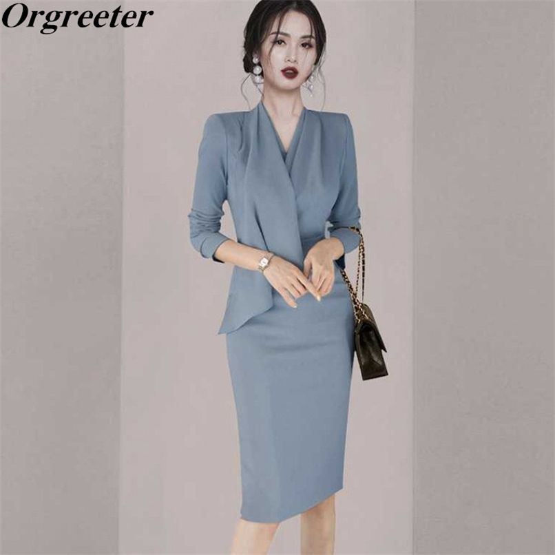 

Spring OL Temperament Slim Long Sleeve Bodycon Pencil Dress V-neck Ruffles Deco Elegant Work 210602, Black