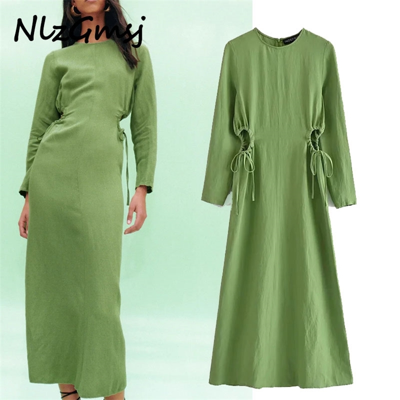 

Dres Casual Waist Cut Out Long Sleeve Elegant Ladies es Adjustable Side Tied es 04 210628, As picture