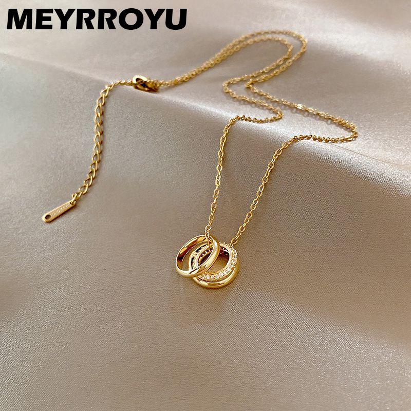 

Pendant Necklaces MEYRROYU Stainless Steel Round Circle Ring Necklace For Women Korean Fashion Simple Clavicle Chain Jewelry Accessories, Silver