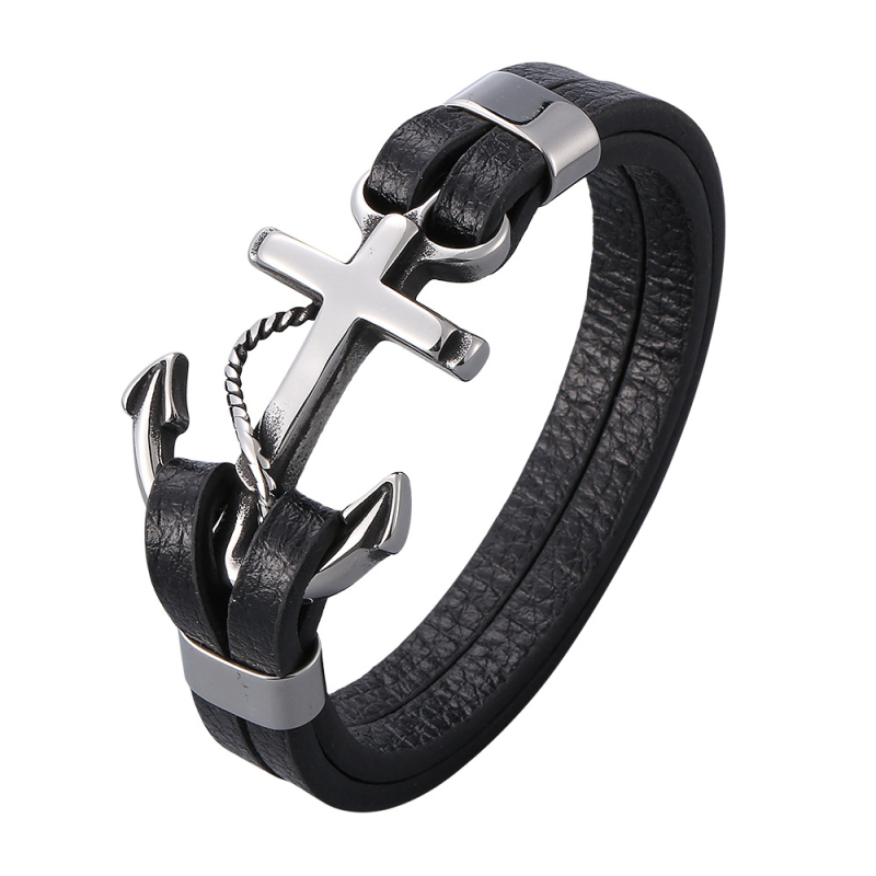

Classic Design Black Leather Stainless Steel Anchor Charm Bracelet for Men Gift