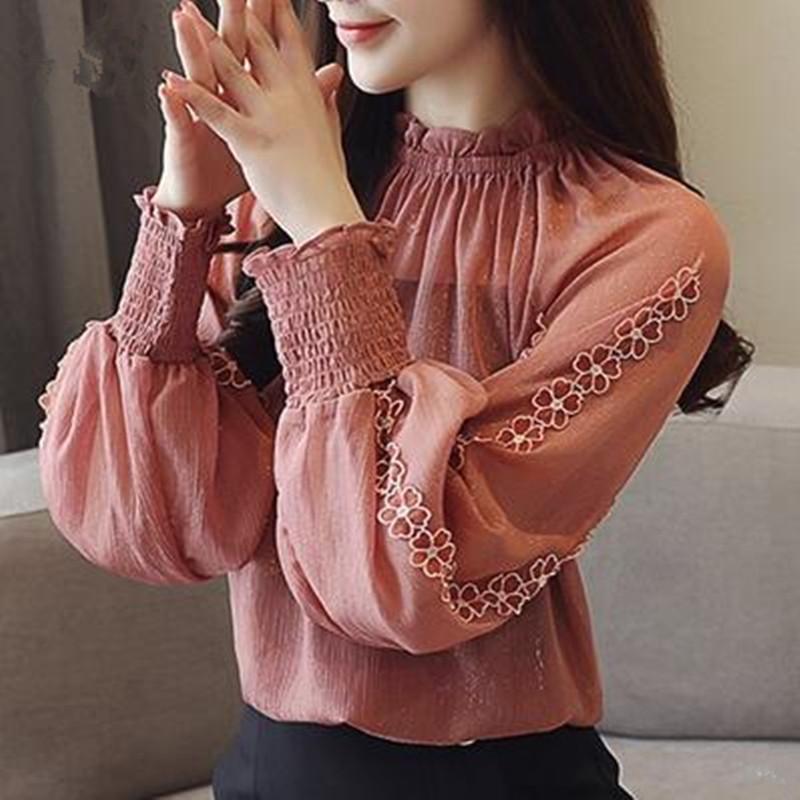 

Women's Blouses & Shirts Autumn Women OL Blouse Long Sleeve Lace Tops Femme Work Wear Basic Fit Slim Shirt J933, White