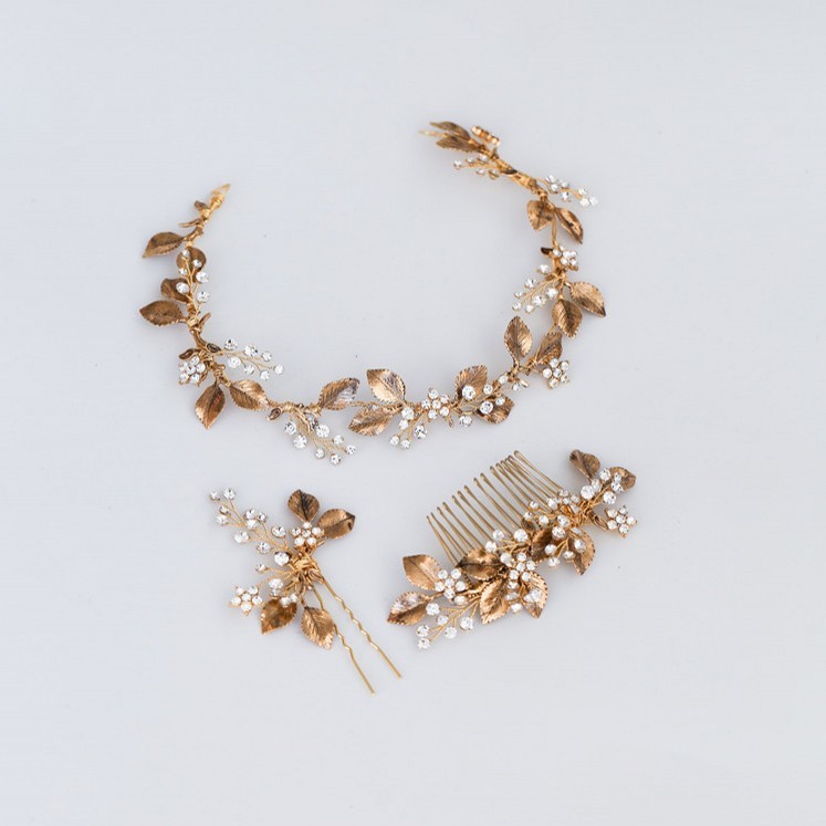 

Vintage Gold Leaf Women Headband Bridal Vine Comb Crystal Floral Wedding Prom Headpiece Hair Jewelry