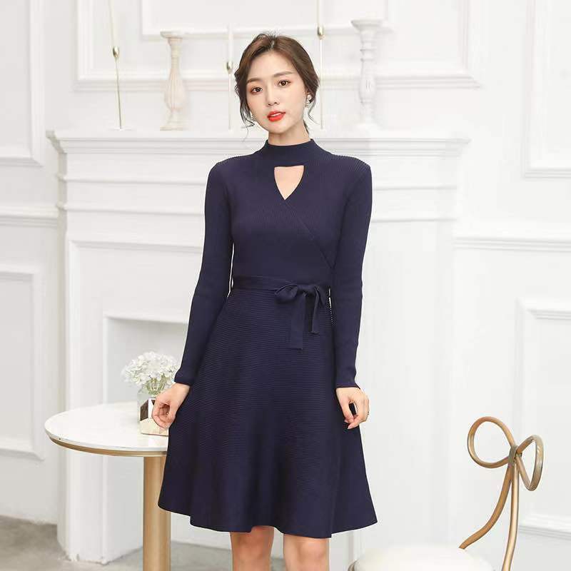

Autumn Winter Sweet Half Turtleneck Knitted Dress Women Casual Solid High Wasit Sashes Sheath 210520, Navy blue