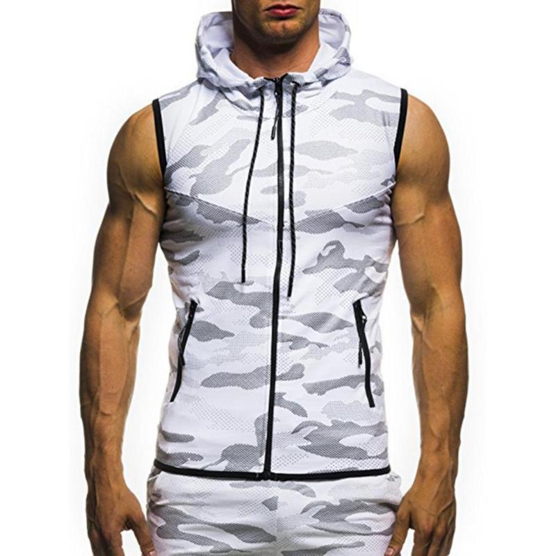 

Men's Hoodies & Sweatshirts Ele-choices Summer Men Gym Fitness Camouflage Mesh Zip Up Sleeveless Hooded Tank Top, Light gray