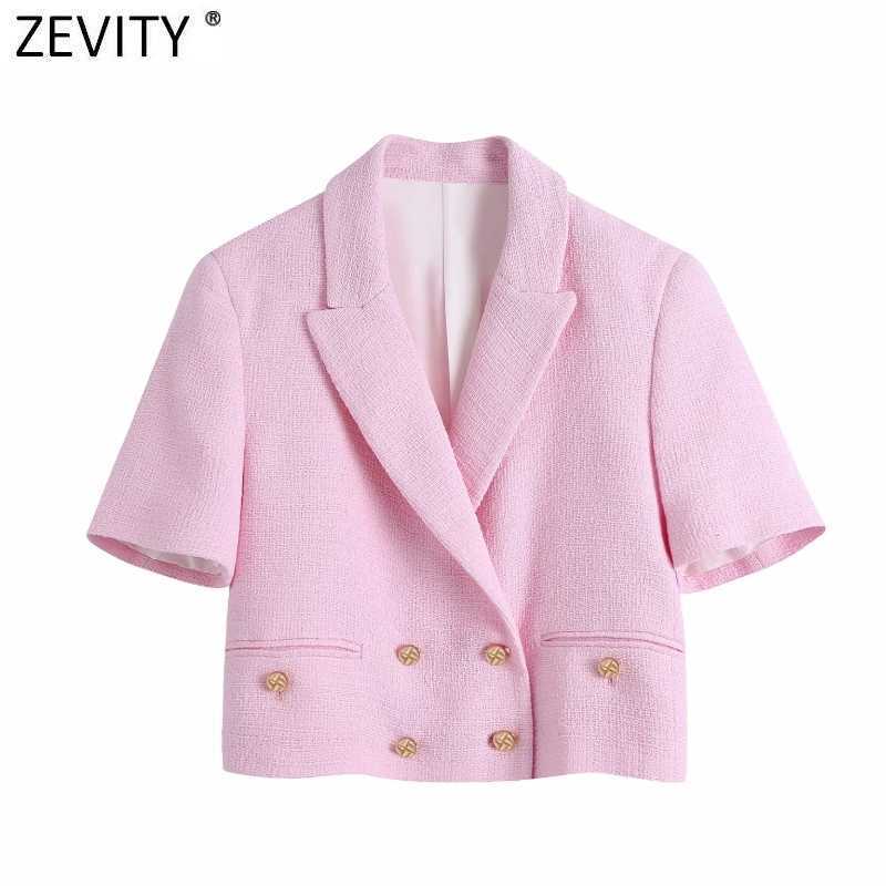 

Zevity Women Sweet Double Breasted Notched Collar Pink Tweed Woolen Short Blazer Coat Vintage Female Outerwear Chic Tops CT681 210603, Bb ct681