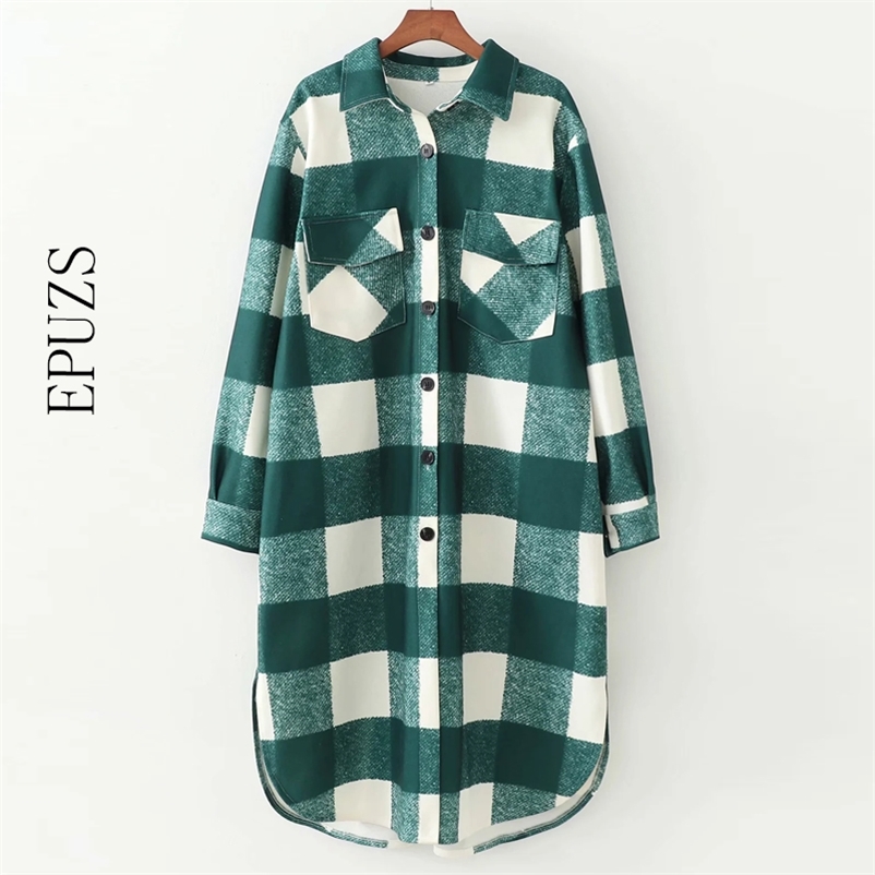 

vintage loose Woolen jacket women plaid coat casual long sleeve thick female outwear 210521, Green