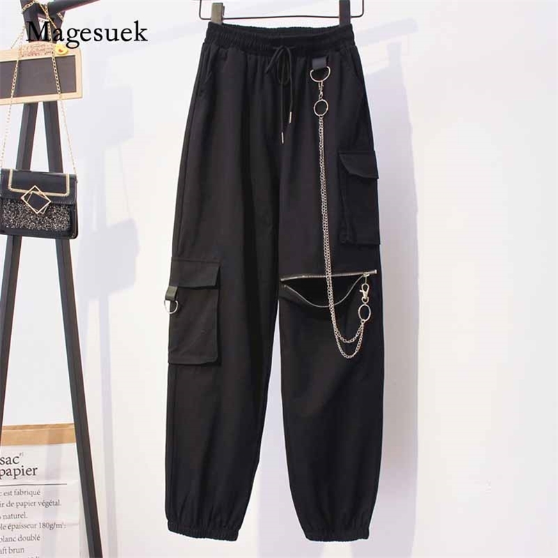 

Mujer Pantalones Women Elastic Strap with Chain Harem Pants Black High Waist Zipper Casual Cargo for 10652 210518