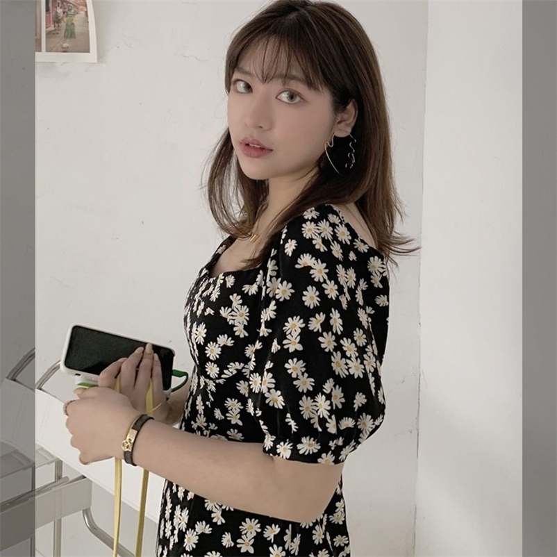 

Lantern Sleeve Summer Plus Size Daisy Printed A-line Dress Women Elegant Sexy Casual Korean Style Fashion Ulzzang 210519, Black-long style