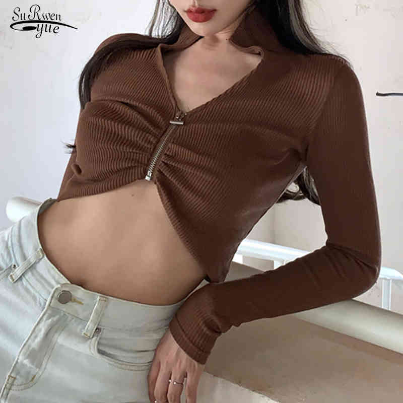 

Spring Autumn Sexy Streewear Crop Top Women Korean Short Polo Collar Zipper Blouse Long Sleeve Slim Jacket 12845 210521, Coffee color