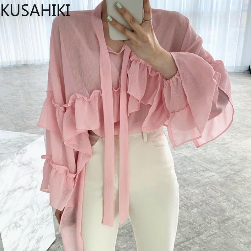 

Women's Blouses & Shirts KUSAHIKI Ruffle Patchwork Causal Korean Women Blouse Chic Ribbon Long Sleeve 2021 Fashion Blusones De Mujer 6L342, Pink
