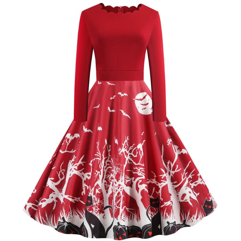

Casual Dresses Women's Halloween O-neck Long Sleeve A-line Dress Holiday Printing Autumn Women 2021 Vintage Floral Y 2k Robe, Black;gray