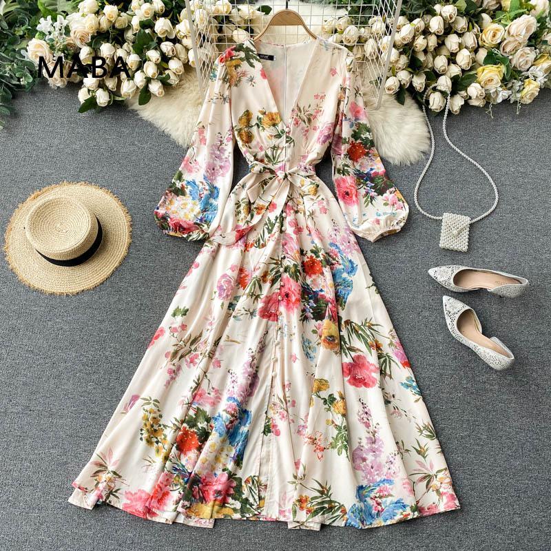 

Casual Dresses 2021 Spring Autumn Women Floral Print Long Dress V-neck Puff Sleeve Single Breasted Lace Up Vintage Ethnic High Quality, Apricot