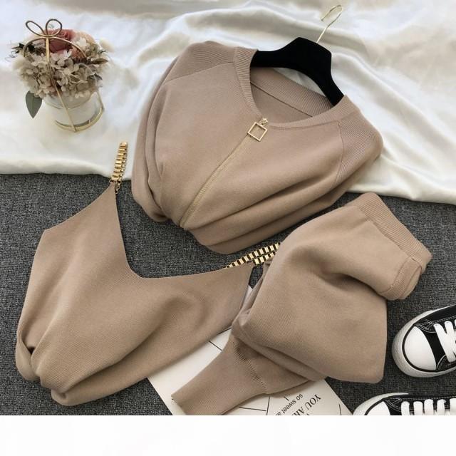 

Fashion women's suit 2020 autumn new sweet temperament chain vest knitted casual jacket + three-piece elastic pantsA1111, White