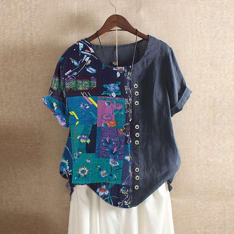 

Women's Blouses & Shirts Summer Vintage Printed Patchwork Blouse Casual O Neck Party Women Short Sleeve Tunic Tops Female Blusas Chem, Blue