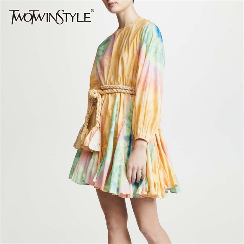 

Hit Color Bandage Female Dresses Long Sleeve O Neck High Waist Mini Pleated Dress For Women Casual Fashion 210520, Colorful