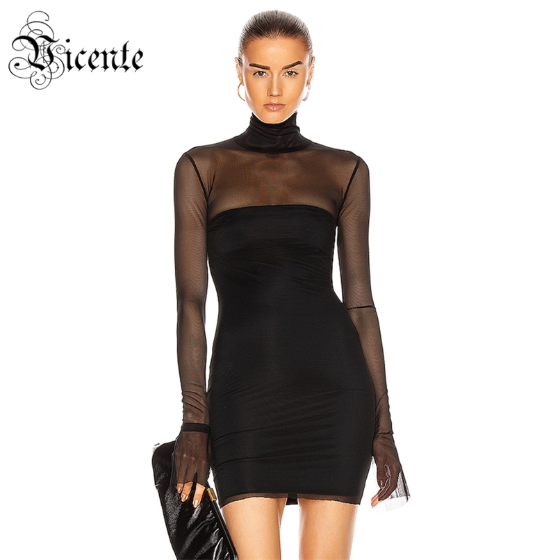 

Chic Voile Splicing Long Sleeves Turtleneck Design Celebirty Party Club Bandage Black Mini Dress 210520