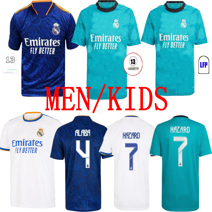 

Real Madrid soccer jersey CAMAVINGA AWAY Camiseta Hombre Primera Equipación Blanca 2021 22 BENZEMA HAZARD ASENSIO CASEMIRO ALABA VINI JR. IS, Black;yellow