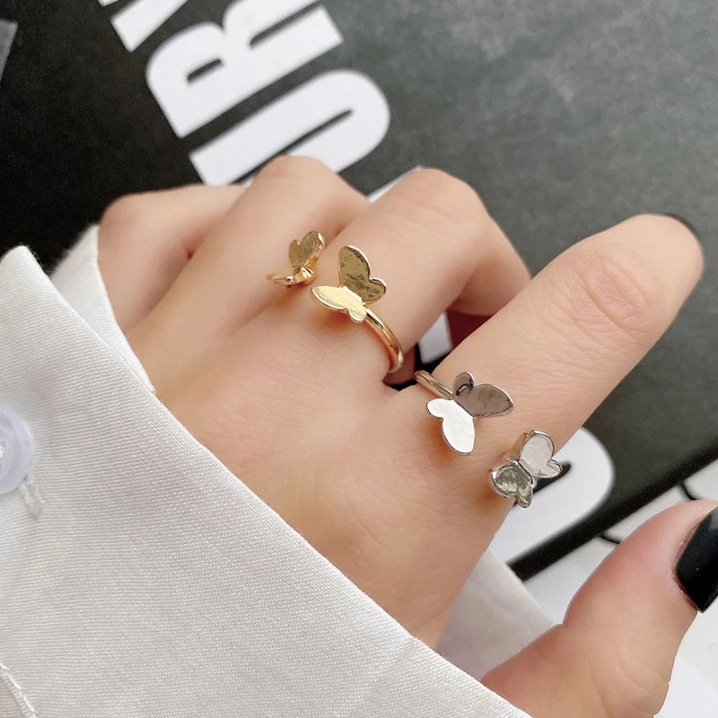 

Retro Minimalist Silver Color Open Rings For Women Personality Double Butterfly Adjustable Finger Ring Girl Jewelry Gift
