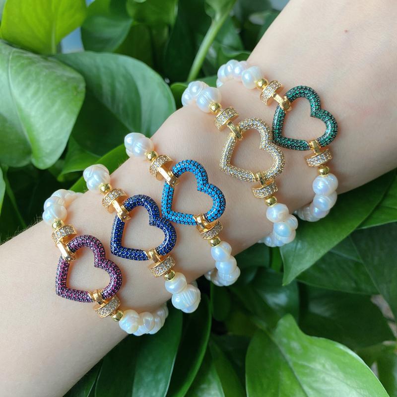 

Bangle 5pcs/lot Professional Factory Pearl Custom Charm Colorful CZ Heart Freshwater Pearls Bracelets