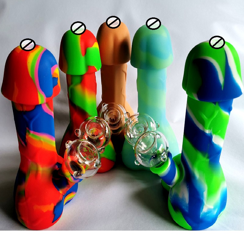 

DHL 7.28 inch Silicone Dick Penis Hookahs Smoking Bongs with glass bowl unique unbreakable lady women oil wax dab bubbler pipes