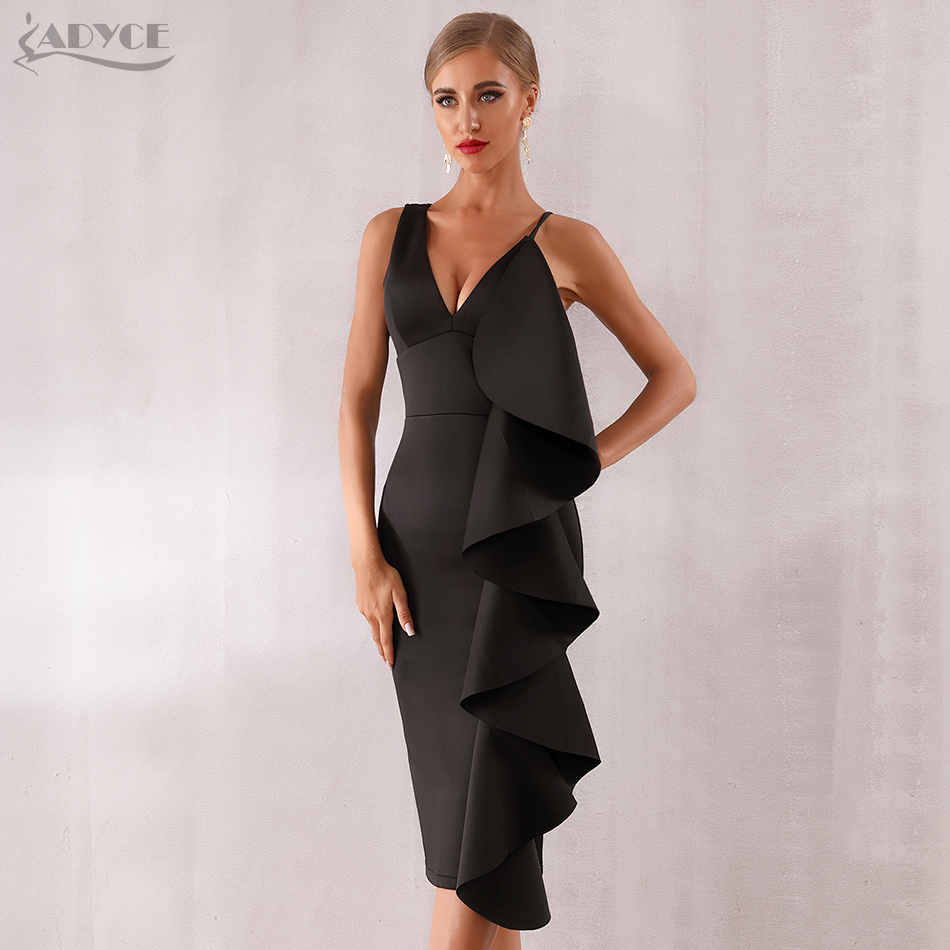 

Adyce New Summer Women Celebrity Evening Runway Party Dress Vestidos 2021 Sexy Sleeveless Ruffles Bla Midi Bodycon Club Dress, Black