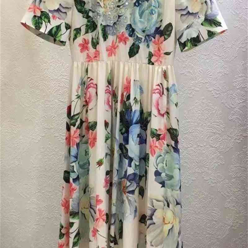 

Truevoker Lady Runway Fashion Designer Holiday Dres Short Sleeve Flower Print Diamond Midi Long Resort Robe Mujer Vestido 210602, Multi