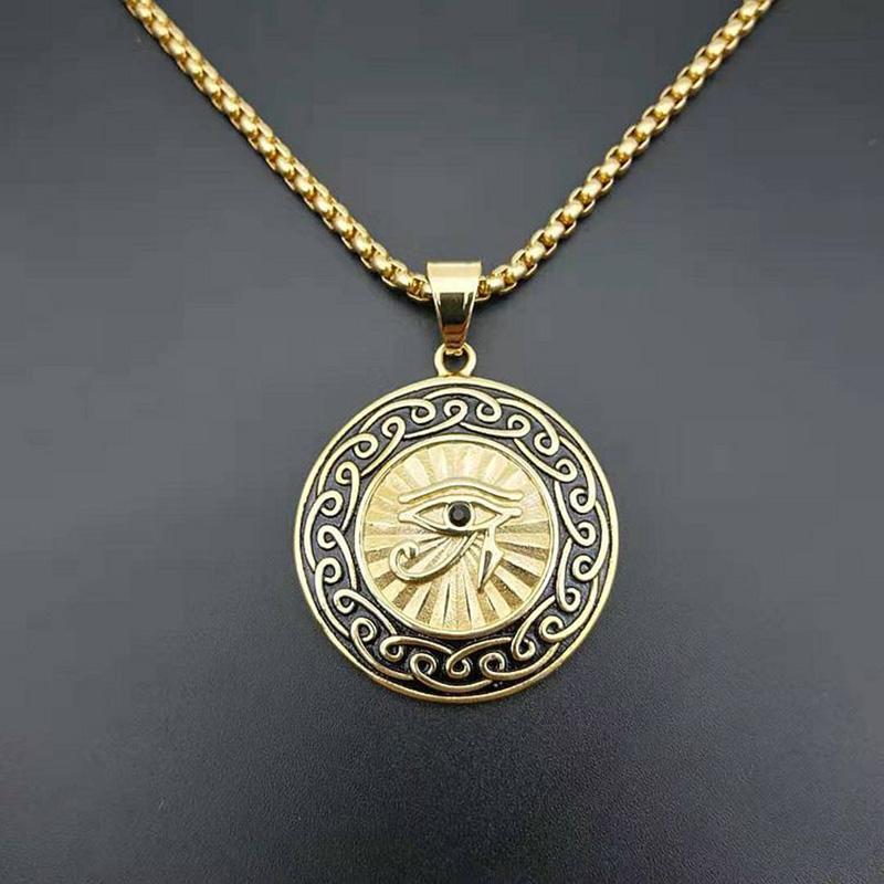 Pendant Necklaces Hip Hop Gold Color Stainless Steel Horus Eyes Round Pendants For Men Jewelry-image-708527451
