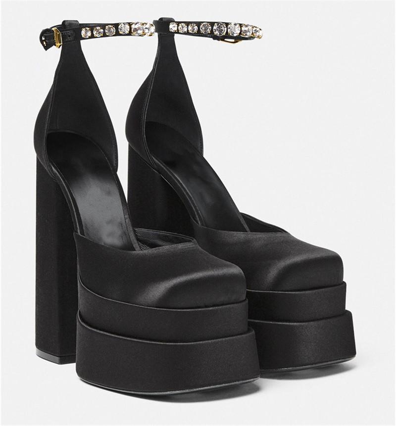

Dress Shoes Termainoov Women Pumps Brand Sexy Chunky High Heels Platform Party Wedding Buckle Rhinestone Size 43, Black
